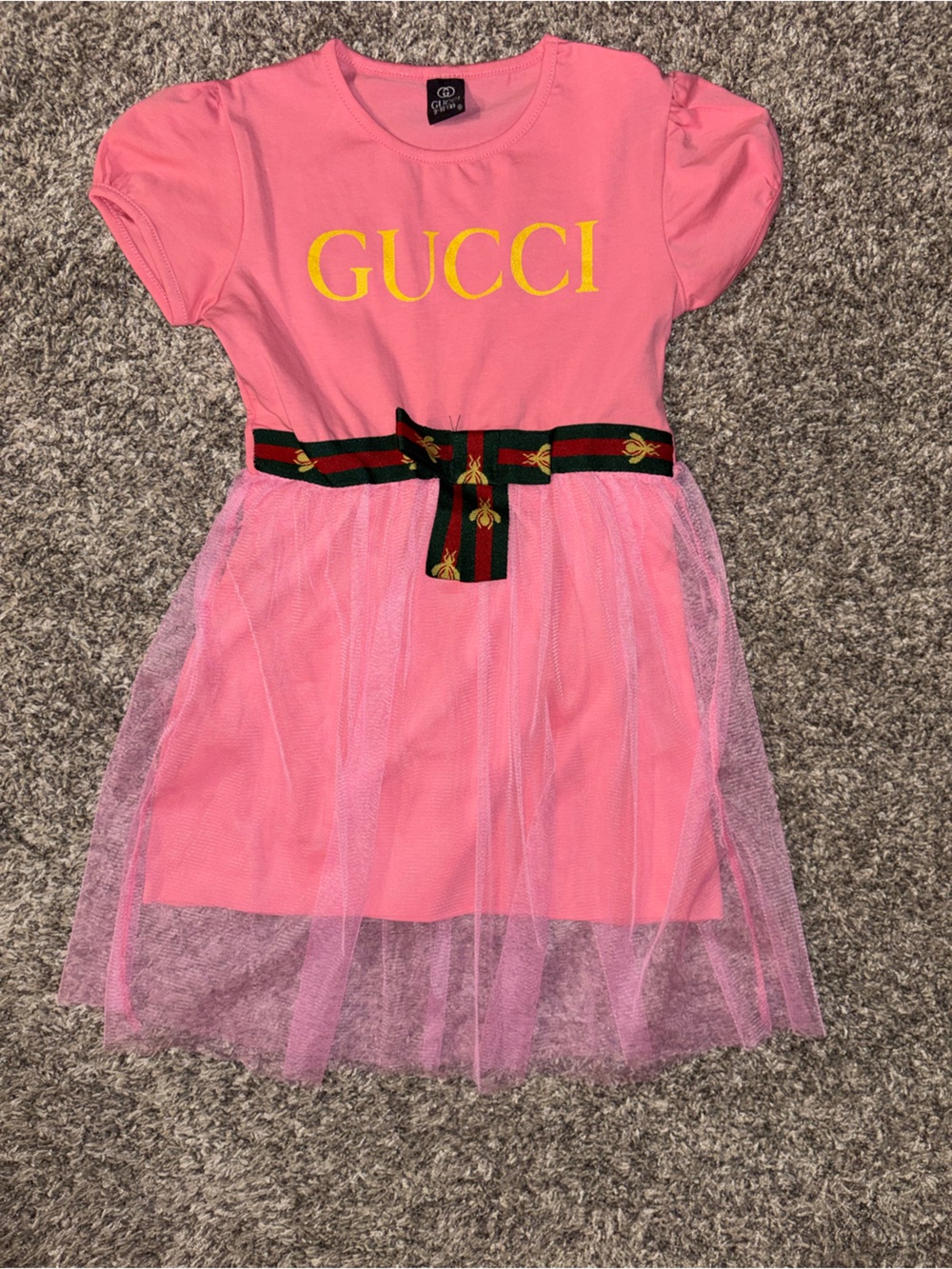 Pink Tulle Logo Dress with Striped Ribbon Waist